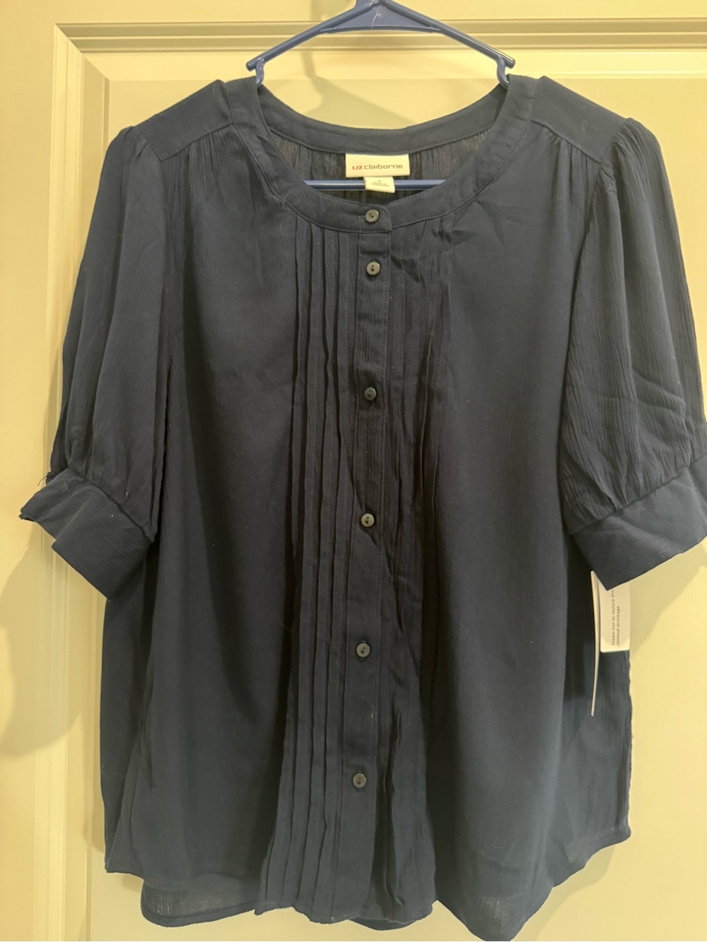 Liz Claiborne Navy Pintuck Button-Front Blouse
